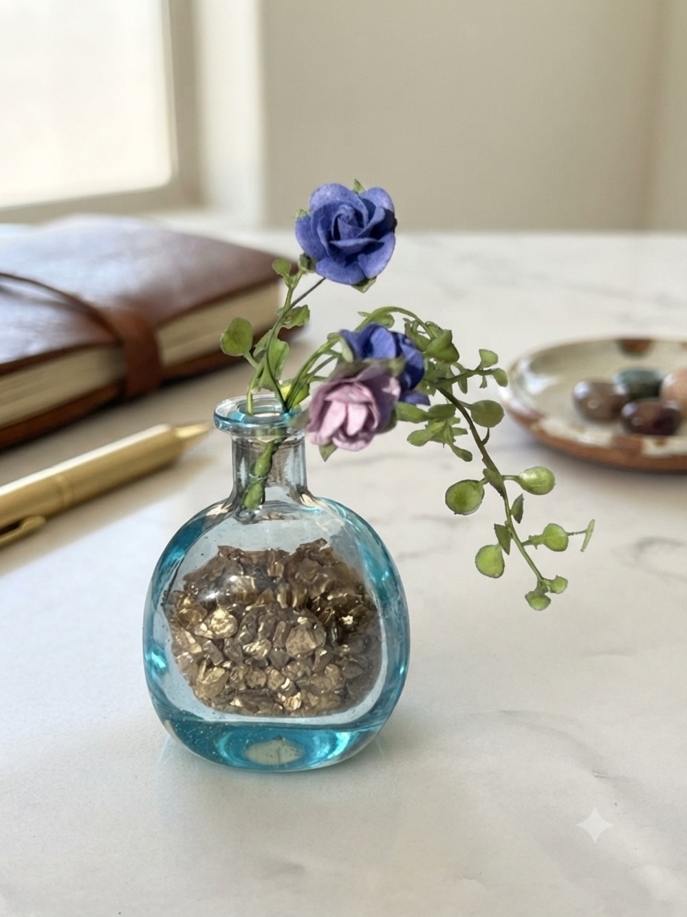 Small Glass Vase with Artificial Flowers